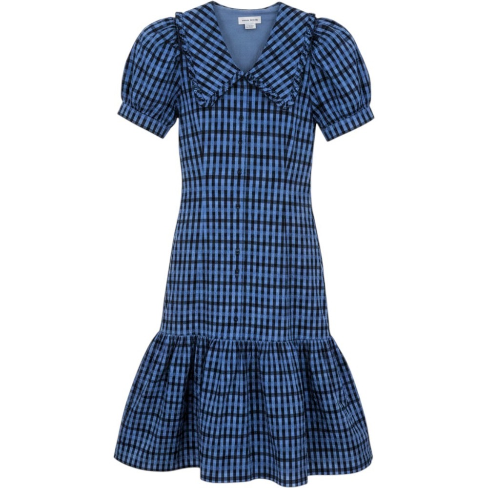 Urban Revivo Gingham Dress Women 2 Blue Plaid Puff Sleeve Peter Pan‎ Collar Mod